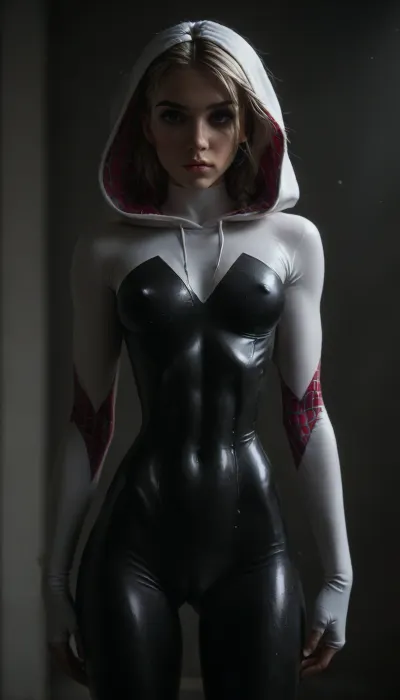 (((18 years old))), (((young))), (spider girl Gwen Stacy), Braided side Side Cornrows white Hair, (seductive shy face), ((tight outfit)), (athletic body:1.5), (athletic abs and legs), (hip gap:1.3), ((wide hips)), (narrow waist:1.6), (white hair), (view from front:1.6), standing, (makeup), ((pussy cameltoe:1.4)), (wet clothes), (makeup:1.4), (oiled skin:1.7), (wet tight bodysuit:1.8), hand, 1girl, (athletic ass), (high detailed face:1.5), dim lights, (hard nipples:1.3), (big perky boobs:1.4), big breast, (chiaroscuro lighting:.3), <lora:HandFineTuning_XL:1>, <lora:MGLRbodysuit_sdxl:.6>, <lora:uberfit_lora_sdxl:.4>, <lora:dark:.3>, <lora:M0llY_PARK3R-000001:.8>