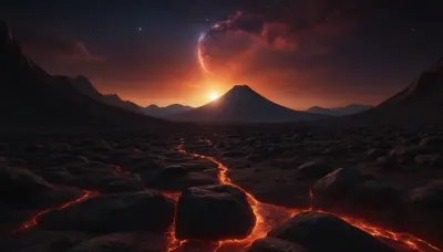 4d makro, Sharp mountains, big lake of lava, spiral galaxy in the sky, high mountains, the height of the mountains is 20 kilometers, huge sharp stones, lava slowly flows from the mountains, lava streams, huge Jupiter with moons, several moons, galaxy, bright stars, dramatic sky, huge crater, rocky field, sharp mountains, there is no one around, no girls, no people, no animals