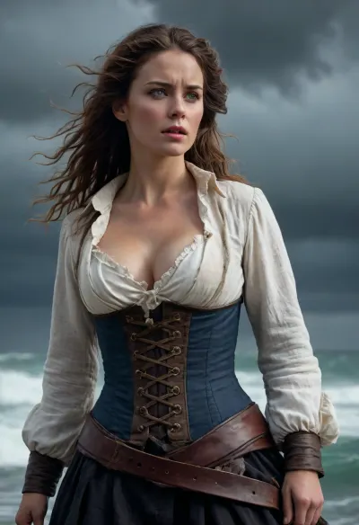 Pirate Queen — Helm in the Storm 17th-century pirate captain at the helm in a battered tricorn and undone linen shirt over a corset, upper torso and a hint of cleavage visible exposed boobs with nipples, wind-torn coat, wave-spray, dramatic storm lighting, rugged photoreal.