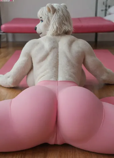 (back view:1.3), ((polar bear woman:1.2)), Anthro, anthrofied, bear, Bob cut, (pink yoga pants:1.3), voluptuous body, muscular back, cameltoe, horny, huge ass, big breasts, thick thighs, ((splits spread legs spreading)), (((furry art, anthro woman)))
