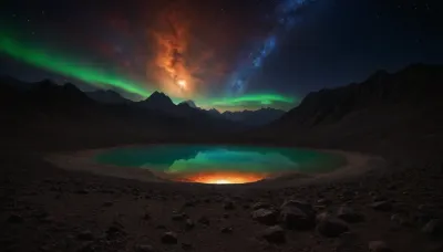 space dream, unreal dramatic green clouds of gas, no limits, 4d makro, Sharp mountains, big lake of plasma, spiral galaxy in the sky, high mountains, the height of the mountains is 20 kilometers, huge sharp stones, blue and orange plasma slowly flows from the mountains, glow plasma streams, huge Jupiter with moons, several moons, galaxy, bright stars, dramatic sky, huge crater, rocky field, sharp mountains, there is no one around, no girls, no people, no animals