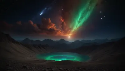 space dream, unreal dramatic green clouds of gas, no limits, 4d makro, Sharp mountains, big lake of plasma, spiral galaxy in the sky, high mountains, the height of the mountains is 20 kilometers, huge sharp stones, blue and orange plasma slowly flows from the mountains, glow plasma streams, huge Jupiter with moons, several moons, galaxy, bright stars, dramatic sky, huge crater, rocky field, sharp mountains, there is no one around, no girls, no people, no animals