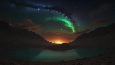 space dream, unreal dramatic green clouds of gas, no limits, 4d makro, Sharp mountains, big lake of plasma, spiral galaxy in the sky, high mountains, the height of the mountains is 20 kilometers, huge sharp stones, blue and orange plasma slowly flows from the mountains, glow plasma streams, huge Jupiter with moons, several moons, galaxy, bright stars, dramatic sky, huge crater, rocky field, sharp mountains, there is no one around, no girls, no people, no animals