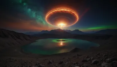 space dream, ufo, unreal dramatic green clouds of gas, no limits, 4d makro, Sharp mountains, big lake of plasma, spiral galaxy in the sky, high mountains, the height of the mountains is 20 kilometers, huge sharp stones, blue and orange plasma slowly flows from the mountains, glow plasma streams, huge Jupiter with moons, several moons, galaxy, bright stars, dramatic sky, huge crater, rocky field, sharp mountains, there is no one around, no girls, no people, no animals