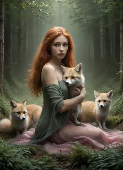 A young woman with long, flowing red hair and freckles gazes intensely at the viewer. She is in a dimly lit forest surrounded by trees, with soft, ethereal light filtering through the foliage. The woman full naked and she has a serene expression, (Nestled against her shoulder is a small, sleeping fennec fox:1.5), adding a whimsical touch to the composition. The background features blurred, dark green hues and hints of magical sparkles in the air, creating a mystical atmosphere., (woman with foxes in a mystical forest shrouded in fog, through which rays of light break through. natural shades of green and pink create a magical and enchanting atmosphere:1.3), She is surrounded on all sides by big and small foxes. fr4z3tt4, ais-darkpartz, <lora:fr4z3tt4:.8>, <lora:Dark_Particles_Style_SDXL:.5>