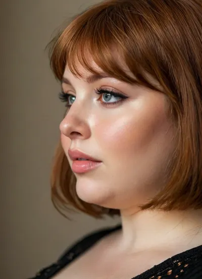 ziprealism, (intimate private snapshot esthetic), ((sensual obese woman), , , intimate seduction, soft sweet smile, sensual pose:1.4), (chubby:1), (f/2.8, shallow depth of field, profile shot, side view:1.2), (focus on eyes, perfect eyes:1.2), (subtle bokeh:.4), (vibrant auburn hair with warm highlights, short French Bob cut hair, cute blunt bangs and fringe, voluminous hair:1.6), (large teardrop breasts, soft pale), (large expressive eyes, perfect eyes, defined jawline, full sensual lips, pale skin, soft blush), (cozy bedroom, warm romantic lighting), igbaddie, <lora:igbaddie-XL:.4>, <lora:style_lora_realis:.8>