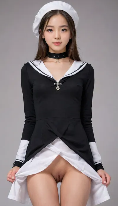 ultra-detailed, NSFW, 1girl, kpop idol beauty, natural face, (highly detailed face), lifelike, petite body, solo, dress, hat, head tilt, simple background, looking at viewer, choker, long sleeves, chain, grey background, white dress, beret, sailor collar, closed mouth, neckerchief, standing, cross, black choker, coat, white background, black dress, cowboy shot, flashing pussy, pussy exposed, cute vagina, skirt lifted by self, skirt, lift, <lora:heita_Dim8:1>, <lora:nudity_v02_i1300:.1>, <lora:skirtLift:.8>