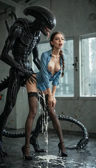 A tall, scary male Xenomorph from Alien with a black body, long head, long tail, sharp nails, and a monstrous cock, fucking a human woman, the most beautiful woman resembling Katara from Avatar, with brown hair in a braid, blue eyes, dark skin, athletic figure, long slender legs, wearing a torn blue dress, stockings, high heels, unbuttoned blouse, and lace bra, one breast exposed, bent forward, head thrown back, fright on her face, looking at the viewer, cum flowing down her stockings and out of her pussy, excessive cum and sperm creating a puddle, set in a Xenomorph nest under moonlight, side view, full length, torn clothes.