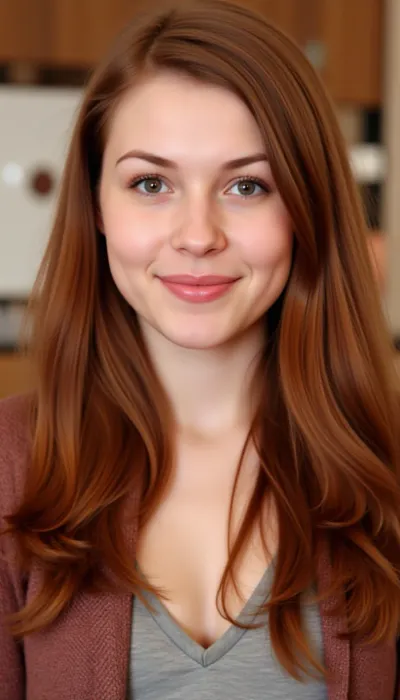 Irish Celtic redhead, 31 years old, very pale milky skin with light natural freckles across nose and cheeks, large bright hazel-green eyes with playful sparkle, long loose natural auburn-red hair with soft waves reaching past shoulders, round heart-shaped face with soft full cheeks, small slightly upturned nose, wide natural smile with dimples, warm and mischievous expression, slim but softly curved feminine build with gentle hips, average height, bubbly confident posture, radiant and approachable Irish charm