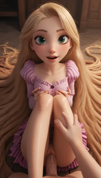 (Jack cayless art style), (disney tangled style), (3d cartoon style), (rapunzel:2), cartoon version, in her tower room, very long straight blonde hair, wearing her pink disney princess dress, (moaning), saggy tits out, grabbing her breast, horny expression, seductive smile, pov missionary, legs up, skirt up, penetration