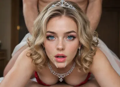 A beautiful, elegant 29 yo woman is fucked from behind doggystyle, gorgeous, pretty face, posh, vibrant eyes, heavy makeup, blush, eye shadow, big eyes, high cheekbones, open mouth, orgasmic expression, ballgown, c-cup breasts, in a bowling alley, wearing a tiara, diamond necklace, long curly blonde hair, doggystyle sex with a man, she is getting fucked hard and she likes it, cum on forehead, cum on face, cum in hair