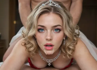 A beautiful, elegant 29 yo woman is fucked from behind doggystyle, gorgeous, pretty face, posh, vibrant eyes, heavy makeup, blush, eye shadow, big eyes, high cheekbones, open mouth, orgasmic expression, ballgown, c-cup breasts, in a bowling alley, wearing a tiara, diamond necklace, long curly blonde hair, doggystyle sex with a man, she is getting fucked hard and she likes it, cum on forehead, cum on face, cum in hair