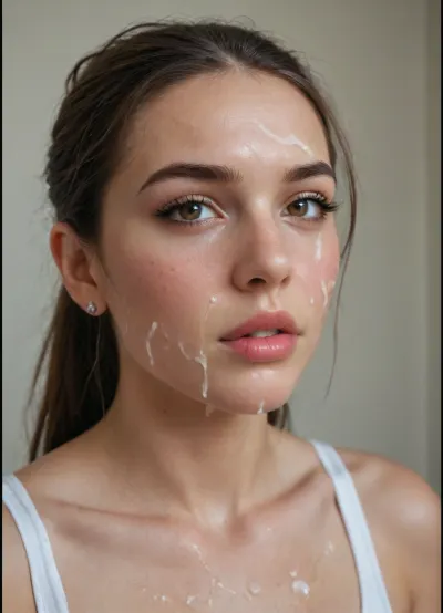 Ultra-realistic portrait, ((macro Closeup bukkake face)), camera very very close to face, of a athletic, slender natural beauty supermodel with pale skin drenched in semen from face to body, long dark brown hair styled in a thick ponytail, black hair tie, brown eyes, and subtle, decent makeup. Her face is softly oval, framed by natural brows and a Apologetic, regretful face expression, thick semen is Apologetic from her lips, she has several shots of Cum semen on her face, The scene is set in a stylish, avant-garde urban workout gym lounge with innovative architecture, 8k., bukkake