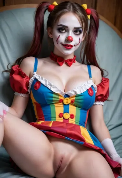 young beautiful girl 18 years old clown girl with big breasts, wearing a pulled-up dress without any underwear, laying on her back with spread legs, no panties, long striped socks, clown makeup, skinny, white face paint, detailed vagina, looking at the viewer, back long high twin multi-colored ponytails, excited, aroused, tack sharp, 4k, dslr