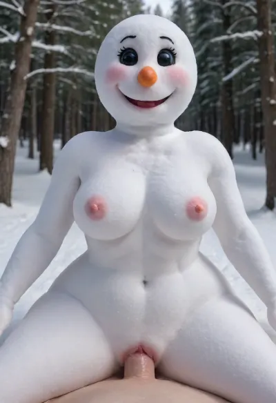 POV from front, Sexy naked female snowmen showing her 100DD boobs, outside in the forest, body made out of snow, snowwoman has cowgirl sex with human male, snowwoman is facing the viewer, made, of, snow, doggystyle, from, behind, human, on, anthro, feral, <lora:Aether_Snow_v1_SDXL_LoRA:1.9>, <lora:SDXL_Human_Male_Furry_Female:.8>