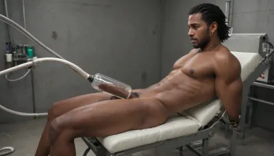 trained black mature man, black african man, lying on a torture rack, cock inside the milking machine, huge hard cock, solo focus, nude, glans, (penis milking machine), penis milking, cum milking, sitting, bondage, restrained, machine moving, cock torturement
