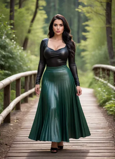 Extremely beautiful Latina woman with long shiny black hair and large expressive green eyes. She wears a LONG sexy black pleated leather skirt and a fitted semi-transparent latex top with elegant detailing, big breasts. Her body is curvy with wide hips and a confident posture. She walks along a wooden mountain walkway surrounded by green trees and vibrant natural scenery. Soft natural light, cinematic atmosphere, high detail, realistic textures, 8k, photo-realistic