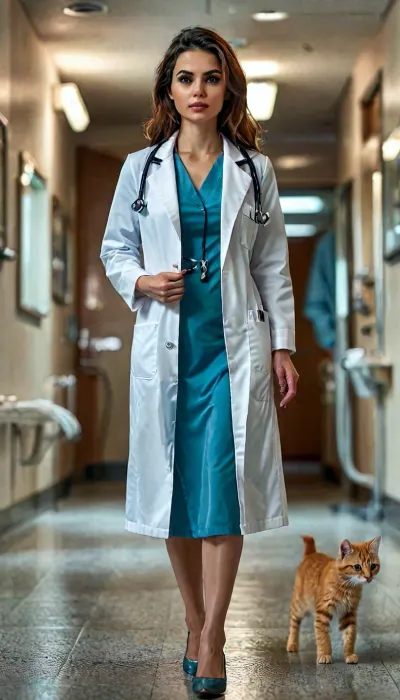 8k, score_9, score_8_up, score_7_up, FILM PHOTOGRAPHY STYLE, cinematic photography of a woman, professional portrait photo realism, (highly detailed face), as a middle doctor slender, short dress under hospital coat, stethoscope, kitten heels walking anxiously in a hospital full body view, bmbplora, <lora:bimboxl_02:.5>, big tits, <lora:detailed_notrigger:2>, <lora:add-detail-xl:.8>, <lora:LCMTurboMix_Euler_A_fix:.8>, <lora:style_lora_realis:.8>