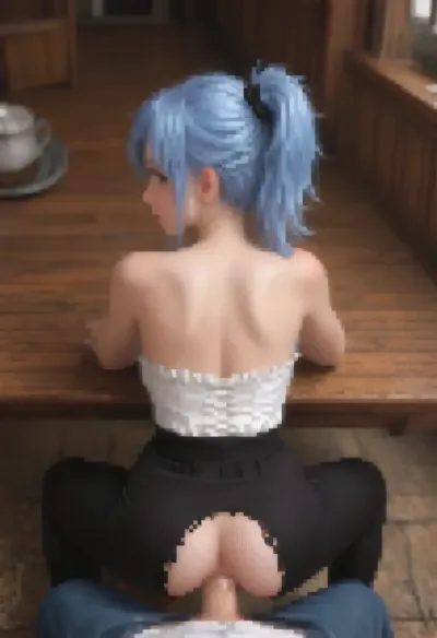 one girl 18 years old, pale skin, super model slim body, model slim body, light blue hair, ponytail, details, 8k wallpaper, normal size eyes, deep blue eyes, e, symmetrical eyes, detailed irises, detailed eyes, skin pores, black eyeliner, textured skin, very large breasts, perfect arms, wide hips, standing on table, dirndl, dropped pants, spread legs, oktoberfest background, anal, open anus, view from behind, <lora:pixel-art-xl-v1.1:.8>, <lora:pk_trainer_xl_v1:.8>, Pixel, Art, PixArFK, <lora:PixelArtRedmond-Lite64:.8>, pixel, art, <lora:pxx4_v1_alpha:.8>, pov_deepthrt, deepthroating, a, man's, penis, blsdp, <lora:concept_pov_dt_xl2-000020:.8>