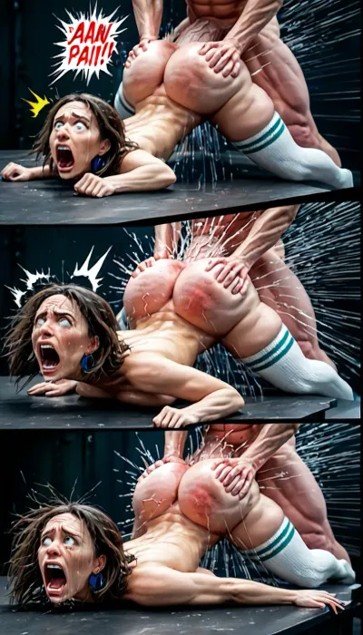 Ms. Frizzle, no glasses, fucktoy, ass up head down, round ass, heart shaped ass, juicy ass, thick thighs, thigh high socks, ass fucked from behind by a science experiment, (screaming, in pain, pain expression, shocked, eyes open wide:1.5), rough anal sex, hands on waist, deep anal penetration, (gigantic massive veined science experiment gone wrong cock:1.4), anatomically correct, front view, side view, multiple view