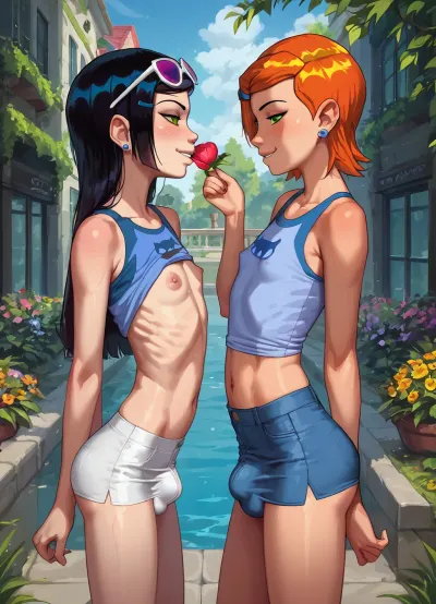 score_9, score_8_up, score_7_up, breasts, duo, (((2girls))), asian, futanari, femboys, Pattaya, Thai, penis, testicles, nipples, very small ass, very skinny, very skinny body, skinny tighs, visible ribs, very long straight black_hair, smile, smiling, eyewear_on_head, (white tank top), no bra, (very short skirt), (((very big bulge))), very visible bulge, small_breasts, navel, very_long_hair, looking_at_viewer, kissing, newhalf, futa_with_futa, day, side_view, standing, standing in garden in front of luxurious white villa, gwen, tennyson, (/Ben10), /, (ultra, HD, quality, details), bright, orange, hair, short, (green, eyes), <lora:Gwen Tennyson (Ben10) - XL SCXL V1.0:.8>