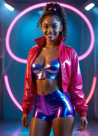 A confident extremely busty afro-american 18 year old young girl with sleek dark curly hair tied in a high ponytail stands on a glossy, glowing runway, dark skin, Happy playful smile, She wears a shiny cropped iridescent violet jacket over a blue mesh vinyl bra, paired with shiny high-waisted vinyl shorts and tall red platform boots. Her hand is raised in greeting, concentric neon rings, <lora:MJ52:1.1>