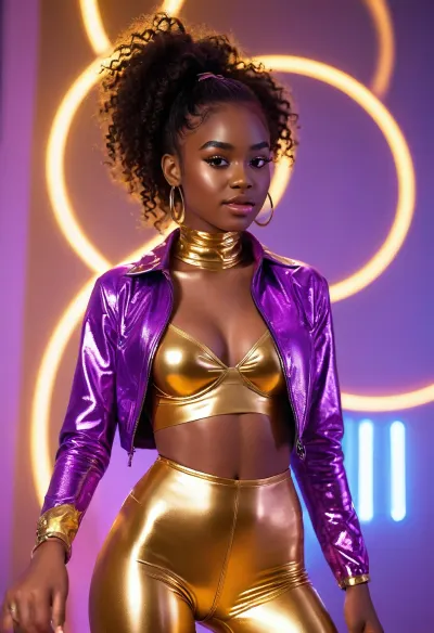A confident afro-american 18 year old girl with sleek dark curly hair tied in a high ponytail stands on a glossy, glowing runway, dark skin, Happy playful smile, She wears a shiny cropped iridescent violet jacket over a black mesh bodysuit, (luminescent golden latex bra:1.4), paired with shiny high-waisted vinyl shorts and tall white platform boots. Her hand is raised in greeting, concentric neon rings, <lora:MJ52:1.1>