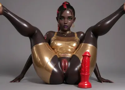 Ultra-realistic, perfect natural skin texture, realistic skin pores, professional photography, best shadow, 8K resolution, UHD, clear image, extremely complex details, ultra-high definition, ultra-sharp textures, full dynamic range, deep contrast, high definition, smooth gradients, full body view, full face, young Nigerian girl, 18 years old., (black skin:2), (hairstyle, straight bangs, ponytail, multicolored hair), (beautiful curvy face, perfect thick lips, (intricate green eyes), (dark purple lipstick), cute makeup), (legs wide apart, (pussy spread), (red dildo:1.5), curvy face), (perfect small breasts, perfect big ass, thick thighs, chubby body, wide hips), (oiled body:1.5), (perfectly shaved pussy:1.4), (and pink tattoo in the form of a horse on the pubis:1.6), ((perfect purple vagina:1.3)), unkempt pubis, natural pubis, (piercing in a nautical style, African jewelry, gold jewelry, necklace, suspenders on the arms), ((golden garter, leg armor))