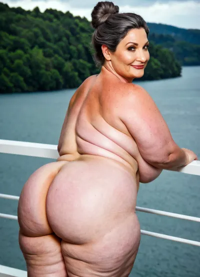 (55 year old milf:1.4), (Caucasian ethnicity:1.3), (pale skin:1.3), looking back at the viewer winking, arms on sides. She has, (grey brown updo hair:1.3), . Wearing, (naked:1.1), ., (wrinkles:1.45), (curvy woman, average face, skinny waist, very fat thighs:1.55), (giant ass:1.4), lake view, balcony, grey overcast. portrait