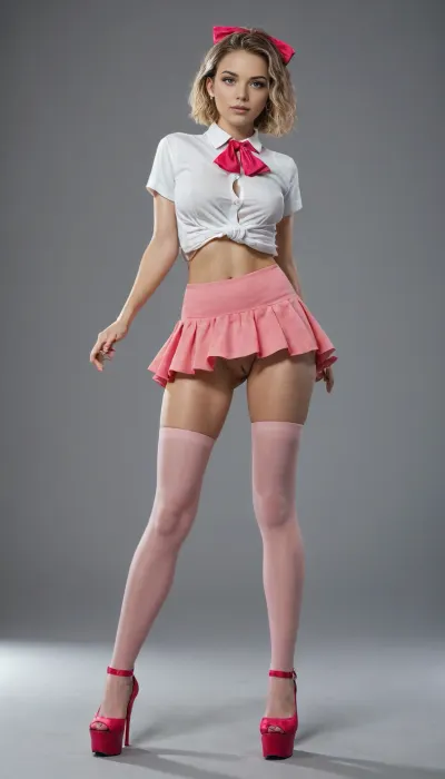 masterpiece, best quality, very awa, very aesthetic, newest, thick outlines, very detailed, 1girl, 1man, standing, beautiful, cute, kawaii, Elle, adult face, short blonde bob cut, big blue eyes, beautiful face, toned body, white unbuttoned shirt, tits visible, ascot, pink mini skirt, pink mini-skirt, upskirt, no underwear, pussy visible, pink thigh highs, high heels on platform, hair bow, highly detailed, intricate, cute pose, modelshoot, abstract background, petite, perfect body, medium perky tits, sexy pose, erotic, seductive, medium perky breasts, innie pussy, cowboy shot, shadows, dynamic angle, dutch angle, dramatic lighting, cinematic lighting, very fat old man, man grap girl butt, full body view