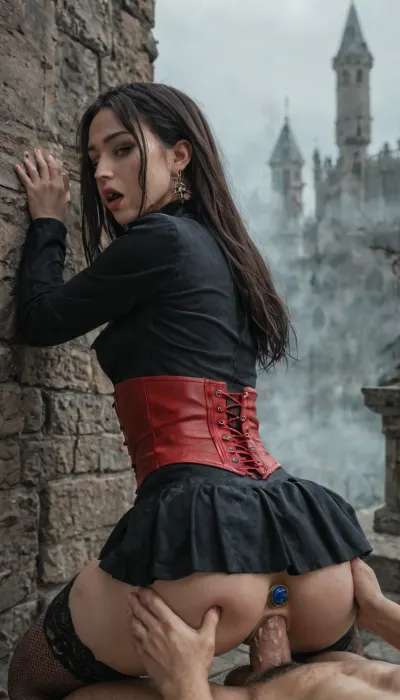 1Woman, puffy vagina, fat labia, puffy labia, vampire, night, mist, fog, long hair, small breasts, red eyes, black long coat, black fishnet stockings, choker, black skirt, black pubic hair landing strip, red corset, standing, bent over, spread legs, big cock, 1boy, vaginal, Pinned to the wall, view from above, spread ass, side view, ancient castle, butt plug, sexy look "do you want to fuck me too, viewer?", puffy pussy, Orgasm, closing eyes in orgasm, female orgasm, moans, groans, an orgasmic expression, exquisite sexual intimacy, deep sexual connection, beautiful sex, lovemaking, (female with sexy thighhighs:1.5), detailxl
