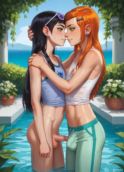 score_9, score_8_up, score_7_up, breasts, duo, (((2girls))), asian, futanari, femboys, Pattaya, Thai, penis, testicles, nipples, very small ass, very skinny, very skinny body, skinny tighs, visible ribs, very long straight black_hair, smile, smiling, eyewear_on_head, (soaking wet white tank top), no bra, (sweatpants), (((very big bulge))), very visible bulge, small_breasts, navel, very_long_hair, looking_at_viewer, kissing, loving embrace, newhalf, futa_with_futa, day, side_view, standing, standing in garden in front of luxurious white villa, (/Ben10), /, (ultra, HD, quality, details), (green, eyes)