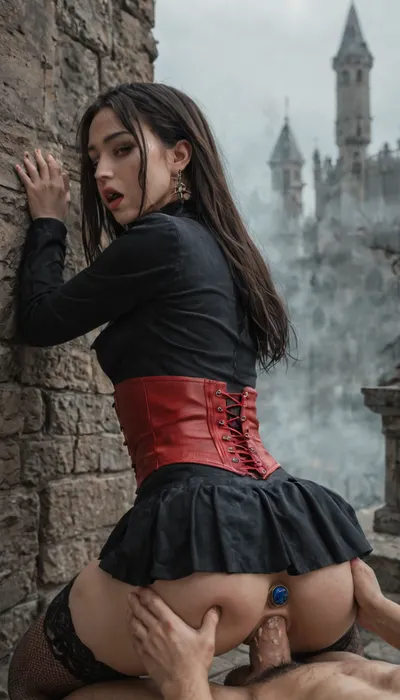 1Woman, puffy vagina, fat labia, puffy labia, vampire, night, mist, fog, long hair, small breasts, red eyes, black long coat, black fishnet stockings, choker, black skirt, black pubic hair landing strip, red corset, standing, bent over, spread legs, big cock, 1boy, vaginal, Pinned to the wall, view from above, spread ass, side view, ancient castle, butt plug, sexy look "do you want to fuck me too, viewer?", puffy pussy, Orgasm, closing eyes in orgasm, female orgasm, moans, groans, an orgasmic expression, exquisite sexual intimacy, deep sexual connection, beautiful sex, lovemaking, (female with sexy thighhighs:1.5), detailxl
