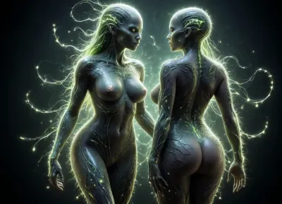 Naked stunning sexy hot hybrid female alien, intricate black patterns on her body, ready to spring into action, extra curvy alien body, obese, covered in Green sperm, alien tail, (4 alien breasts:1.2), naked human male behind her, style, INFO, futuristic, alien, science, fiction, 3N3RGY, made, of, electricity, and, sparkle, light, <lora:XLFuturisticAlienV1E11:.8>, <lora:Energy_-_World_Morph:1.9>