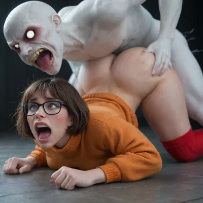 velma, glasses, fucktoy, ass up head down, round ass, heart shaped ass, juicy ass, thick thighs, thigh high socks, ass fucked from behind by a ghost, (screaming, in pain, pain expression, shocked, eyes open wide:1.5), rough anal sex, hands on waist, deep anal penetration, (gigantic massive veined ghost cock:1.4), anatomically correct, front view, side view, multiple view
