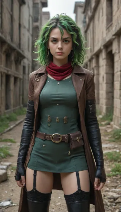 masterpiece, best quality, amazing quality, 1girl, solo, KJOtoru, green hair, green eyes, multicolored hair, pink streaked hair, multicolored eyes, medium hair, antenna hair, messy hair, hair between eyes, thick eyelashes, colored eyelashes, standing, heroic stance, fantasy, D&D theme, thief, scarf, asymmetrical armwear, single pauldron, elbow gloves, fingerless gloves, bracer, surcoat, multiple belts, belt pouch, leather purse, leather garter straps, wool thighhighs, thigh boots, leather boots, battlefield, ruins, serious, medium breasts