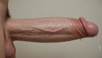 Close up of the awesome cock of Danny D, cumming on bimbo tits, huge ballsack, (massive erect penis:1.8), side view, cock and balls