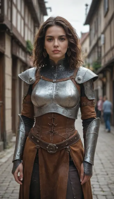 dark fantasy, female, short, strong, broad build, body covered in tattoos, dressed in leather armor, Standing on the street of a medieval village. The houses are built of wood