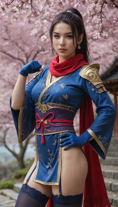 (masterpiece:1.5), (pin-up pose:1.4), (highest quality, best quality), 1girl, solo, Asian, Psylocke, purple hair, ponytail, blue eyes, red scarf, sarashi, japanese clothes, thighhighs, gloves, hand on hip, face focus, armor, pale skin, arched eyebrows, small nose, upturned nose, full lips, flirty expression, slender body, toned body, supple body, slender waist, Japanese background, (Cherry Blossoms:1.4), Lanterns, <lora:add-detail-xl:.8>, <lora:EnvyBetterHiresFixXL01:.8>