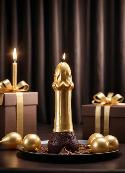 A photograph of a big, long penis squirts golden cum. The penis is crafted from clear, elegant glass, its label subtly embossed with a sophisticated design and gently reflecting the spotlight. Beside the big penis rests a miniature gold foil gift boxes, and a decadent chocolate cake decorated with shimmering golden balloons. The background is a deep black velvet curtain, softly illuminated by a single focused spotlight, creating a dramatic and luxurious ambiance with gentle bokeh lights blurred in the background.
