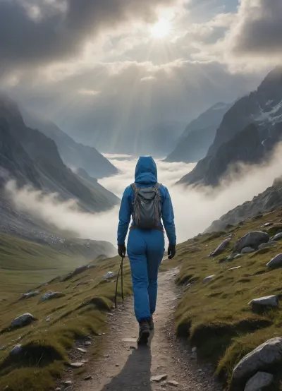 woman in blue alpinist suit, walking on a alpine path, she shows her breasts, thick clouds around, mist in the valley, light haze, sunbeams breaking through the clouds, romantic atmosphere, watercolor painting