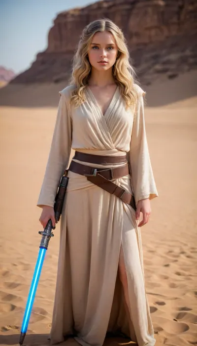 18yo, female Jedi knight, blonde, long hair, wavy hair, blue eyes, on Tatooine, full body view