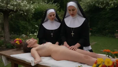 two perverted nun lesbian orgasm, ((orgasmic extasy)), half naked body in flowering garden on table, open legs, oiled