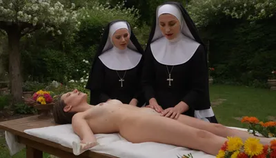 two perverted nun lesbian orgasm, ((orgasmic extasy)), half naked body in flowering garden on table, open legs, oiled