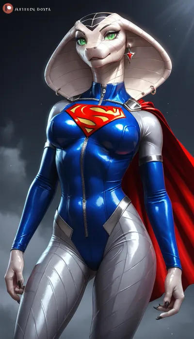 anthro Style, cobra robot, superman outfit, sexy pose