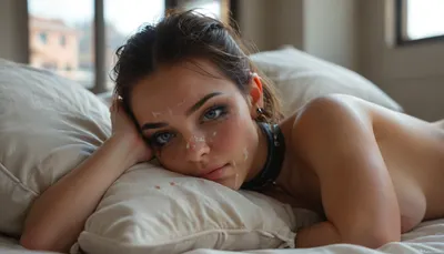 Cinematic still, fetish model, 30 years old, (lying on bed in Front of a window in a Penthouse suite in a high-rise building), (lying on her side:1.5), (her head rests on a pillow:1.5), (slave collar), long black hair, (ruined hairstyle), (mascara tears:1.2), submissive, sexy, (horny:1.5), exhausted, cute, gorgeous, (slim), (muscular), nude, perfect round breasts, (nipple piercings), blue eyes, dark makeup, eyeliner, eyeshadow, mascara, very long eyelashes, slim waist, shaved pussy, (striking facial features), slim nose, red big lips, narrow face, (mouth slightly open), (kiss mouth), long perfect togue, (closeup face:1.5), (cum on face:1.5), (eye contact:1.5), view from side, (dim light), sunshine, shadow, 4k epic detail, shot on kodak, 35mm photo, sharp focus, high budget, cinemascope, moody, epic, film grain, grainy, score_9, score_8_up, score_7_up, rating, explicit, big_eyes, but, green, eyes, blue, brown, perfecteyes, <lora:BUT_SDXL_SHS:2>, <lora:SDXLHighDetail_v6-000005:2>, <lora:Beautiful_female_model_face_18-30:2>, <lora:style_lora_realis:2>, <lora:PerfectEyesXL:2>