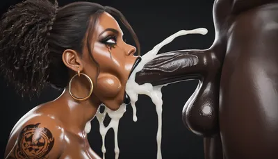 (((very dark African woman))), long permed brown hair, black lipstick, 44 inch black cock balls deep in throat, eyes are rolling to the back of her head, black makeup is running down her face, . naked massive bimbo breast, super deepthroat, woman has the darkest skin ever, every 44 inches of dick is deep down her throat. long permed brown hair, oiled skin, glowing skin, real skin, deepthroat, massive thick thighs, massive phat ass, massive round hips, perfect hair. Tattoos on both thighs, tattoo on both breast, tattoo on both legs, side view, extremely huge amounts of cum in mouth, juicy massive lips, lips, close up