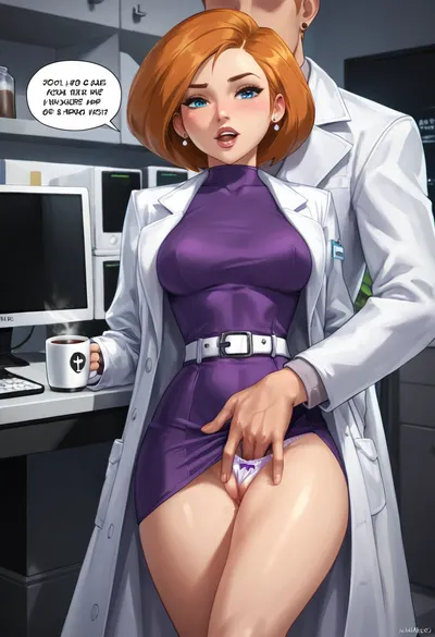 score_9, score_8_up, score_7_up, kim_possible_series, ann_possible, absurdres, highres, 1boy, 1girl, belt, blue_eyes, breasts, chair, coat, clothed_sex, clothes_lift, coffee_mug, computer, cup, desk, dress, english_text, fingering, head_out_of_frame, hetero, indoors, lab_coat, large_breasts, leg_lift, long_coat, mug, narrow_waist, open_clothes, open_coat, orange_hair, panties, purple_dress, pussy, short_dress, short_hair, speech_bubble, white_belt, white_coat