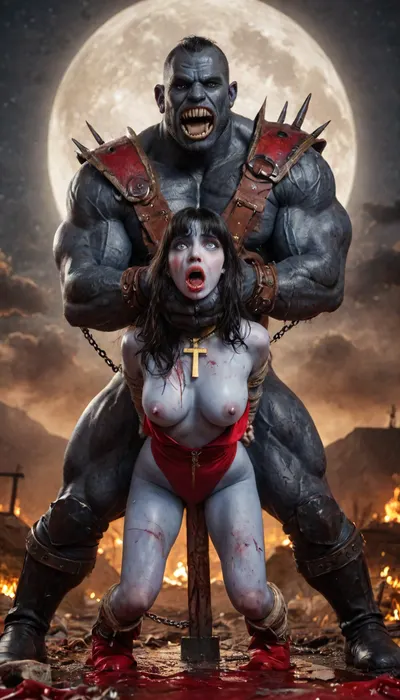 (vampirella:1.32), ((Vampirella is a tall, pale woman with a mane of raven-black hair and green eyes. Her look is that of a skimpy, red sling bathing suit barely covering her nipples and genitalia, with a golden bat emblem over the crotch. She wears an upturned white collar at her neck, long, high-heeled black boots, and a golden bracelet on one arm)), female drow elf barbarian, (blue skin:1.82), tall, angry, busty, curvy, thin waist, big boobs, big butt, slim, fit, vitiligo, strong, fur pelt armor, dungeons and dragons, purplish blue skin, black and purple hair, Dark, Elf, Warrior, Drow, tattooed, scarred, purple eyes, blue skin, amazon, giant, fur barbarian armor, bloody, blood spatter, bear, bear heart, (in a bloody filed after a battle, white full moon in the sky:1.4), (man is choking her from behind:1.4), ((hogtied, bound with large chains, crucified to a torture table, spikes through hands:1.3)), (torture:1.32), (large sharp sword in anus:1.12), cock in mouth, (brutal face fuck), Blowjob, (tears in eyes:1.5), (running makeup), (cum drips from nose:1.3), (cum drips from mouth:1.3), ultra hd, photorealistic, hyper gigantic large black cock in mouth, (((hyper gigantic large black cock in mouth:1.3))), gangbang, double anal penetration, anal spitroast, groupsex, deepthroat, (4 gigantic African black brute thug, huge trunklike arms, huge head, hyper muscular body, dressed in slave clothes:1.32), ((hogtied, bound for sex, tied up)), (((hyper gigantic large white cock in mouth:1.3))), (pulled nipples:1.2), nipple clamps, (((spitroast))), (((hyper large cock in mouth:1.3))), screaming, shocked, deep anal penetration, Uber realistic, 8k, ultra detailed, masterpiece, arched back, detailxl, 35mm photograph, film, professional, 4k, 1girl, 5 boys, hdr, photographic, ultra realistic, ultra high details, back light, (front view), (dynamic pose), best quality, incredibly lean body, anal sex, with large muscular black men, gargantuan black cocks, large hyper muscular fat old men, (double anal sex), swollen white veiny cocks, (double anal penetration), hardcore double penetration, proper physics, big white cocks, muscular white double anal gangbang, (forceful penetrations), extremely graphic, beautiful hands, defeating a woman in combat, fighting, killing, blood, winning fight, magazine cover, Realism_Quality_2xx_By_Stable_Yogi, score_9, score_8_up, score_7_up, (((very pretty face:1.3))), (((extremely ultra detailed face:1.3))), perfect fingers and hands, upper body view, (extreme size difference:1.6), (ultra realistic), (maximum quality), (high resolution), (extreme detail), (ultra realism), UHD, super high quality, highly detailed, high resolution, perfect lighting, natural lighting, (dynamic angle), (random angle), (random pose), (dynamic view), (random view), golden hour, rich details, nature-inspired color palette, <lora:Dark_Elf_Warrior:2>, <lora:Drow:2>, <lora:zavy-brbrn-sdxl:2>, <lora:LCMTurboMix_Euler_A_fix:2>