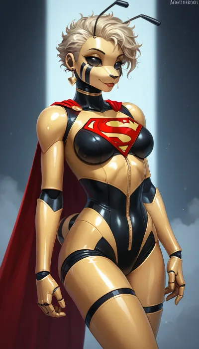 anthro Style, bee robot, superman outfit, sexy pose